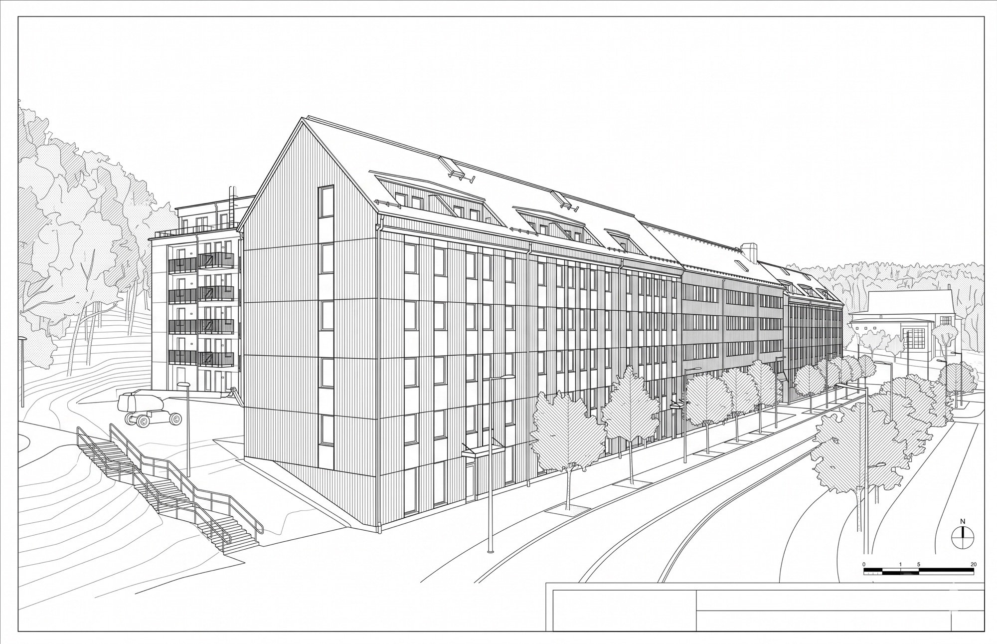 An architect’s line drawing of a timber apartment building on its plot