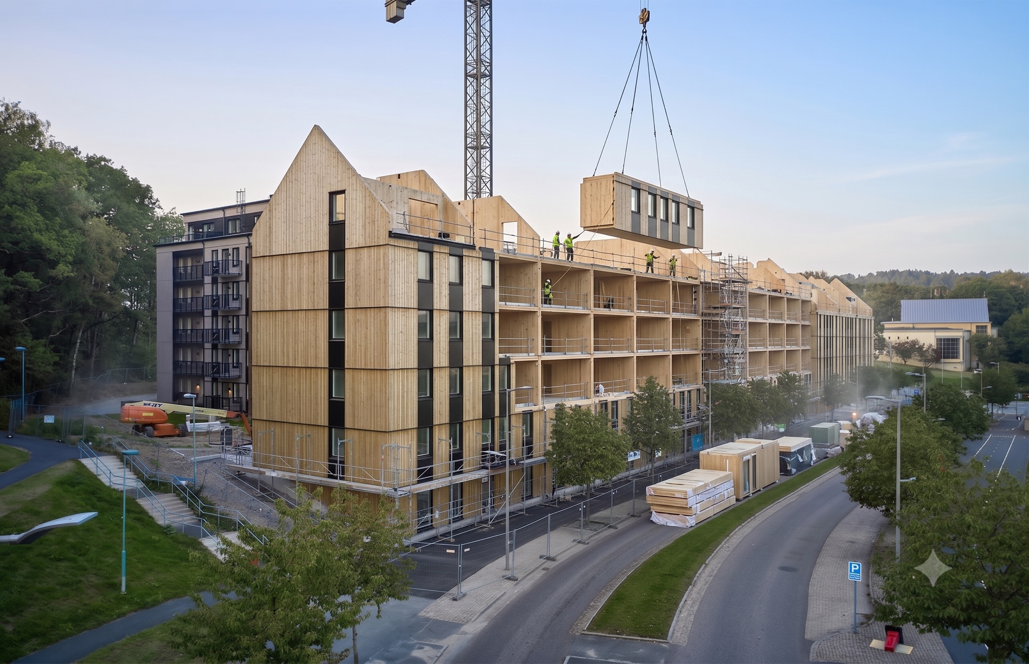 On site: a crane lowers a finished volumetric module onto the roof